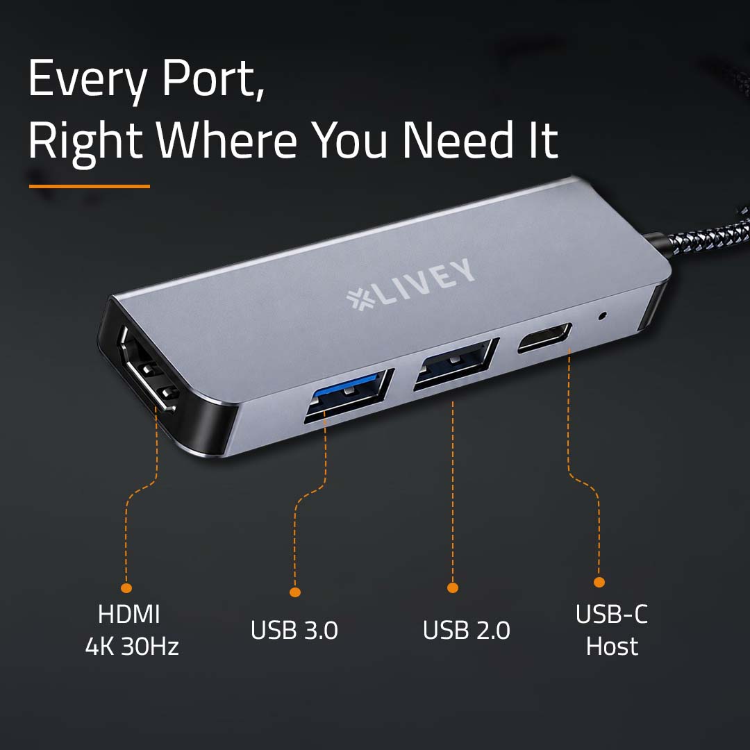 Aurix HB-C410 port arrangement with HDMI, USB 3.0, USB 2.0 and USB-C