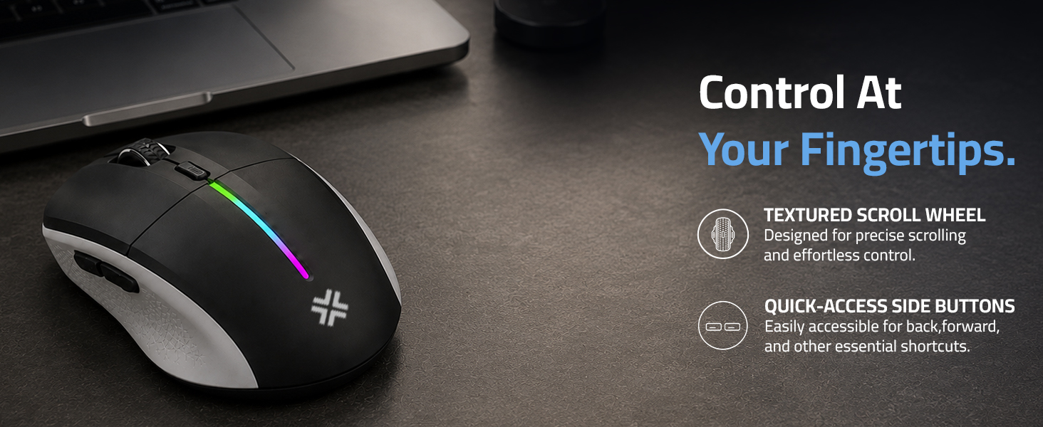 Savvi CB90X mouse with textured wheel and quick-access side buttons