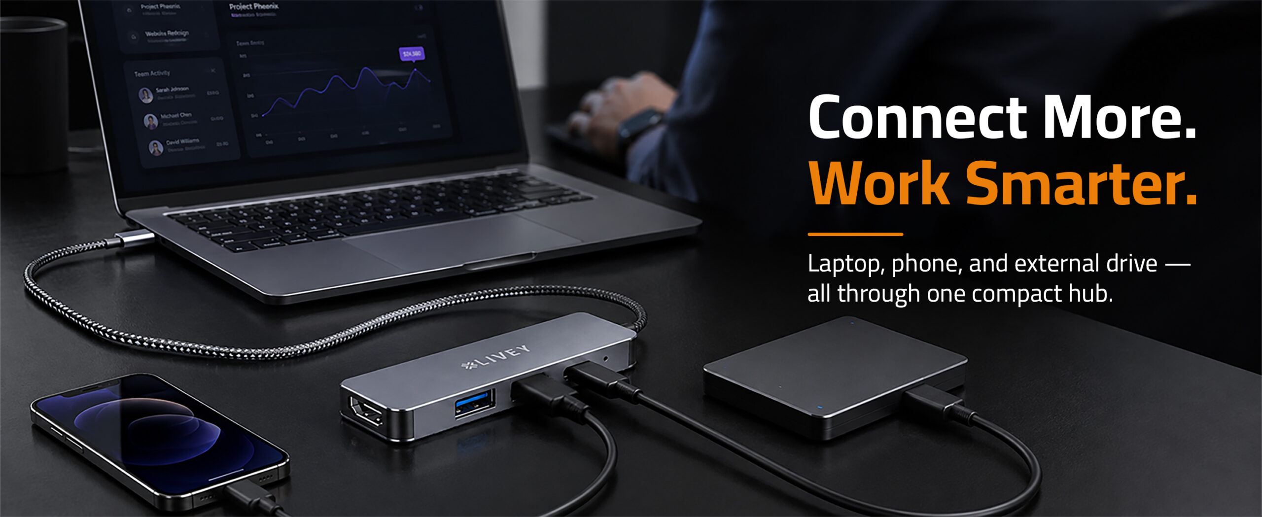 Aurix HB-C410 connecting a laptop, phone and external storage device