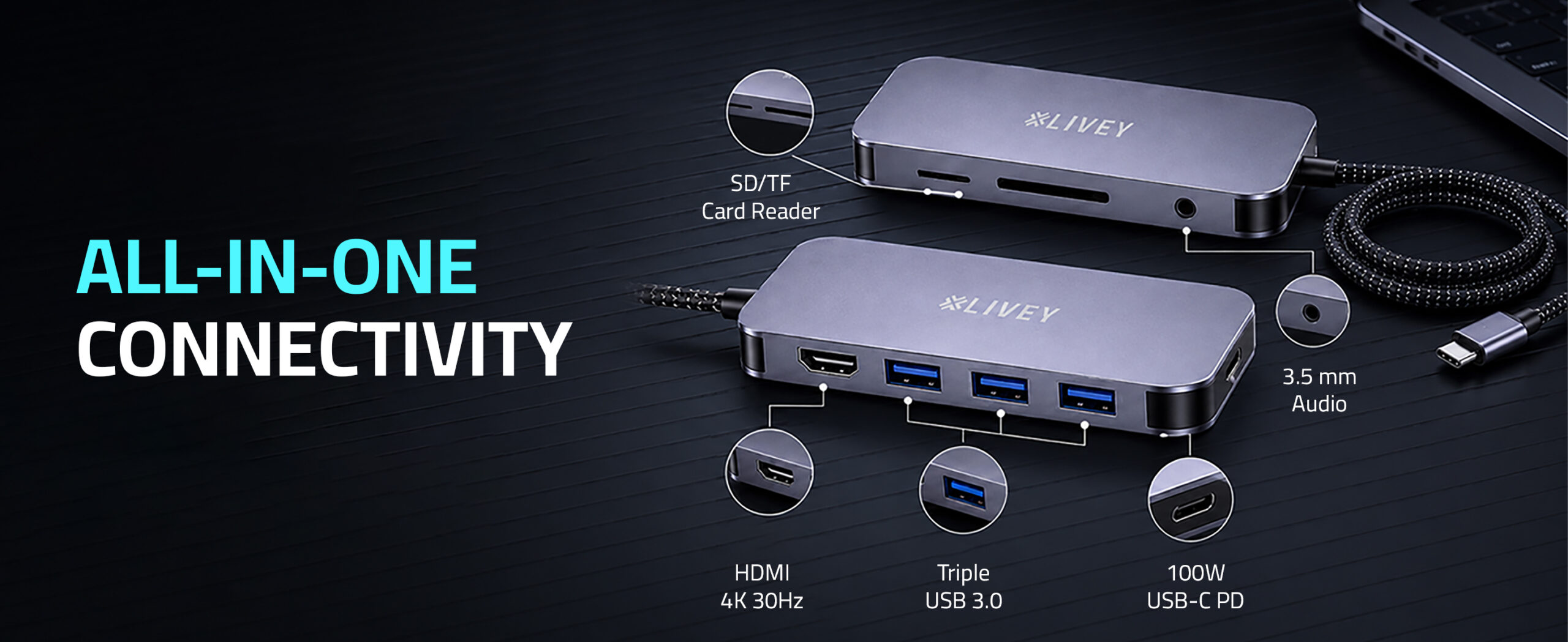 Aurix HB-C810 ports including HDMI, triple USB 3.0, USB-C power delivery, card readers and audio