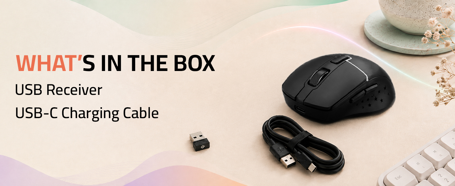 Savvi MS95X package with USB receiver and USB-C charging cable